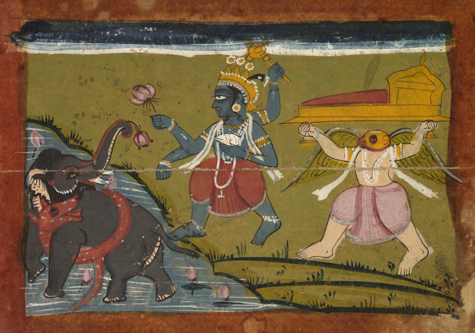 Painting of Lord Vishnu arriving to rescue Gajendra the elephant