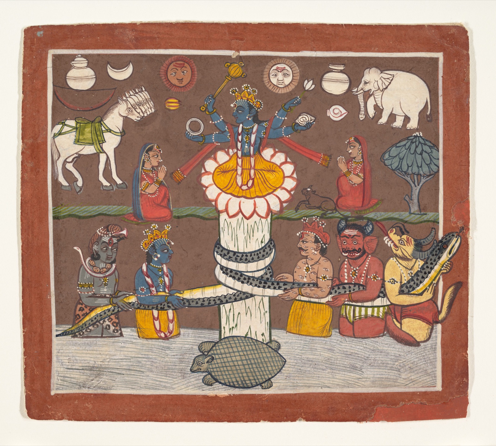 Historical painting of the churning of the Ocean of Milk