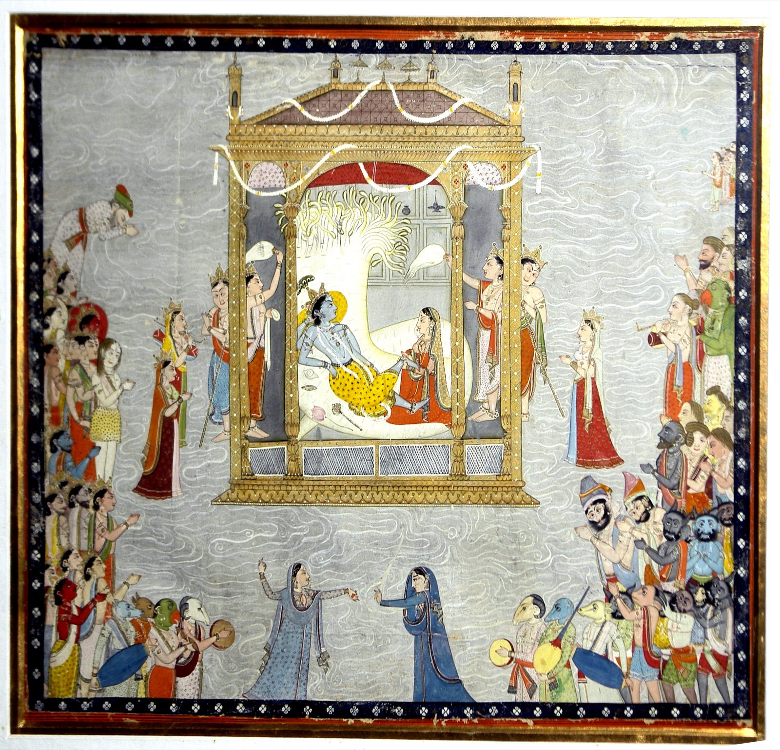 Historical painting showing Lord Vishnu and Goddess Lakshmi on Ananta Shesha, surrounded by devotees