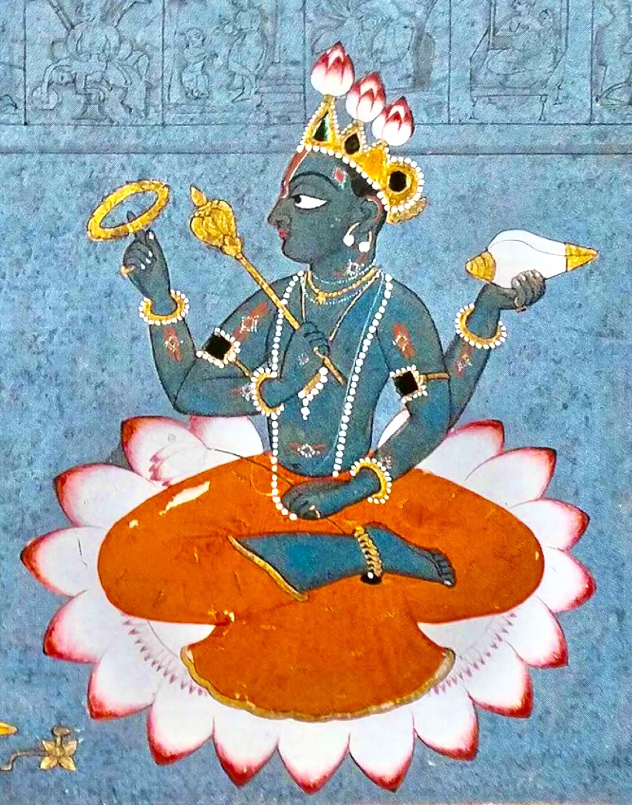 Historical painting of Lord Vishnu seated on a lotus